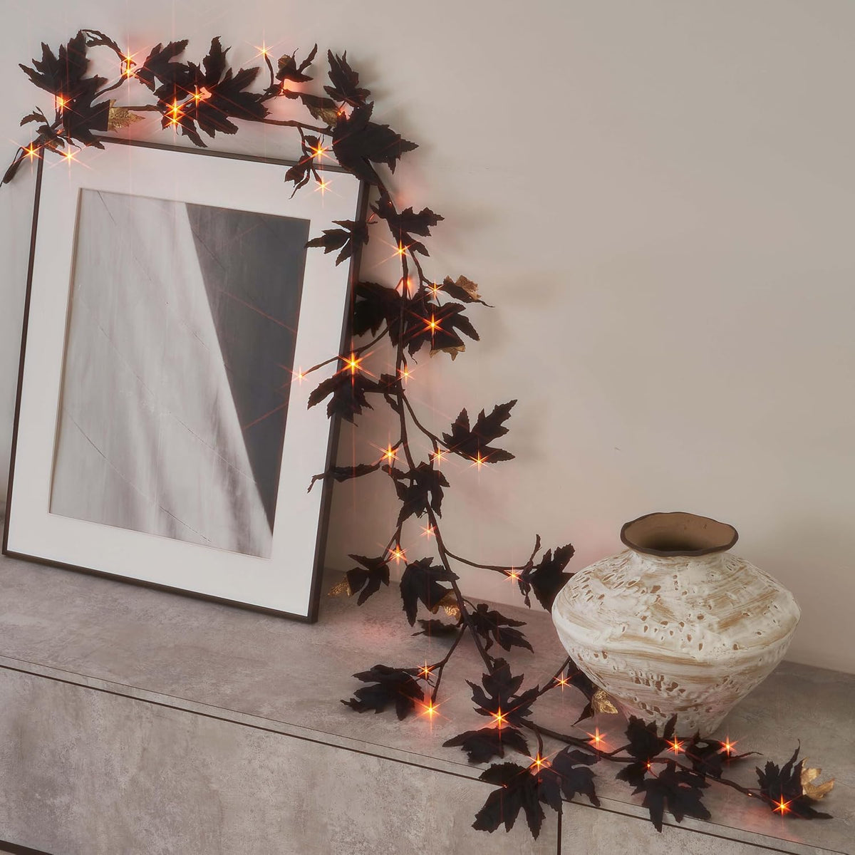 Birchlitland Halloween Black Maple Garland with Lights Timer 48 LED Orange and Warm White Fairy Lights, Battery Operated for Indoor and Outdoor Halloween Party Decoration