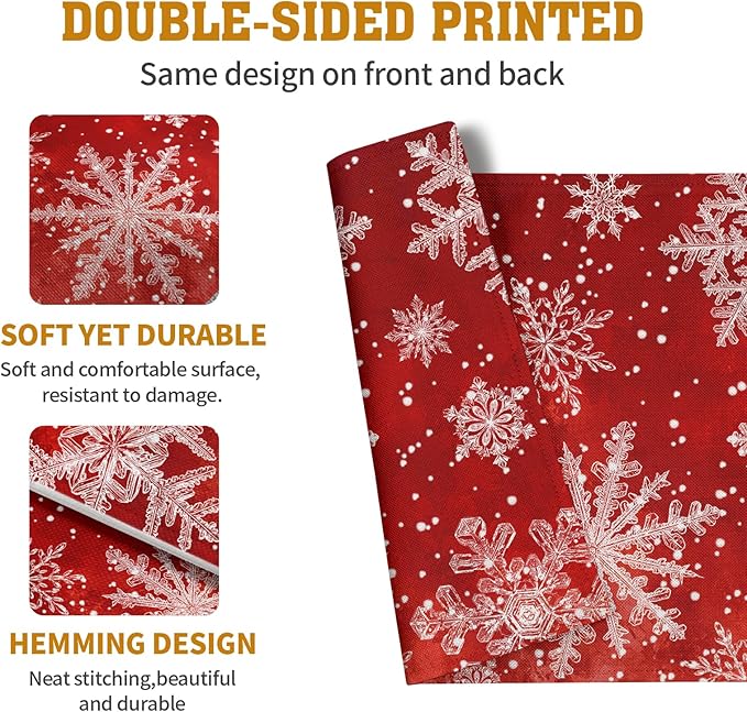 Red Snowflake Xmas Placemats Set of 4 Merry Christmas Snowflakes Linen Fabric - Image 5