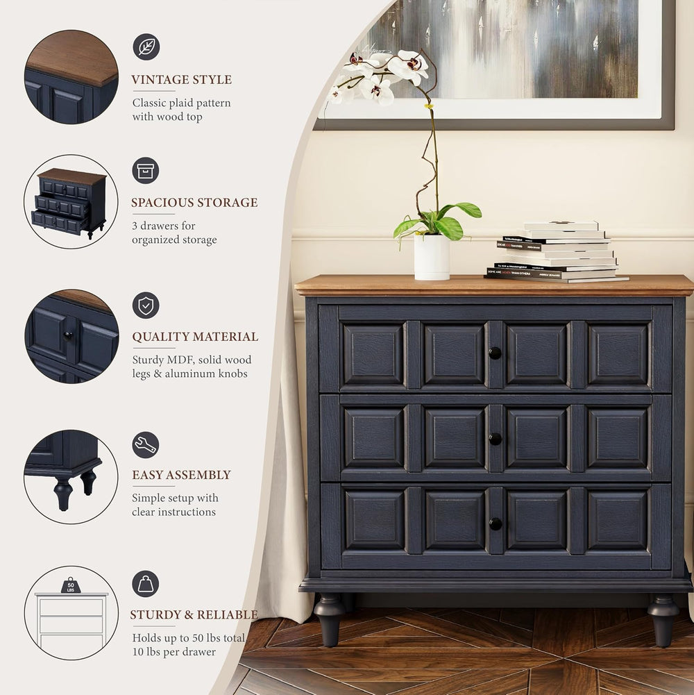 Aoikax Retro 3 Drawer Dresser X 2P, Natural Wood, Dark Blue