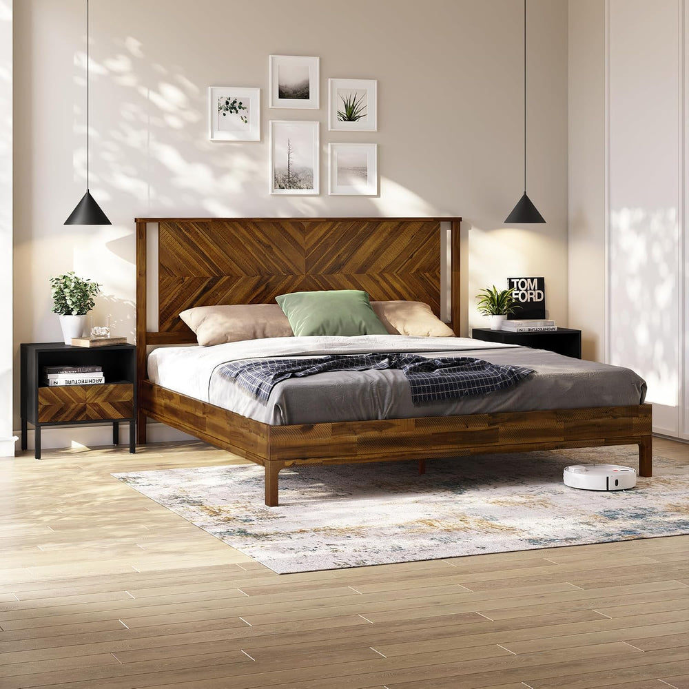 Bme Vivian King Bedframe with Herringbone Headboard, Scandinavian, Chestnut