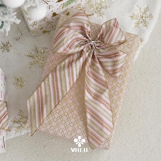 MEEDEE Pink Diagonal Striped Ribbon 2.5 Inch Blue Satin - Image 4