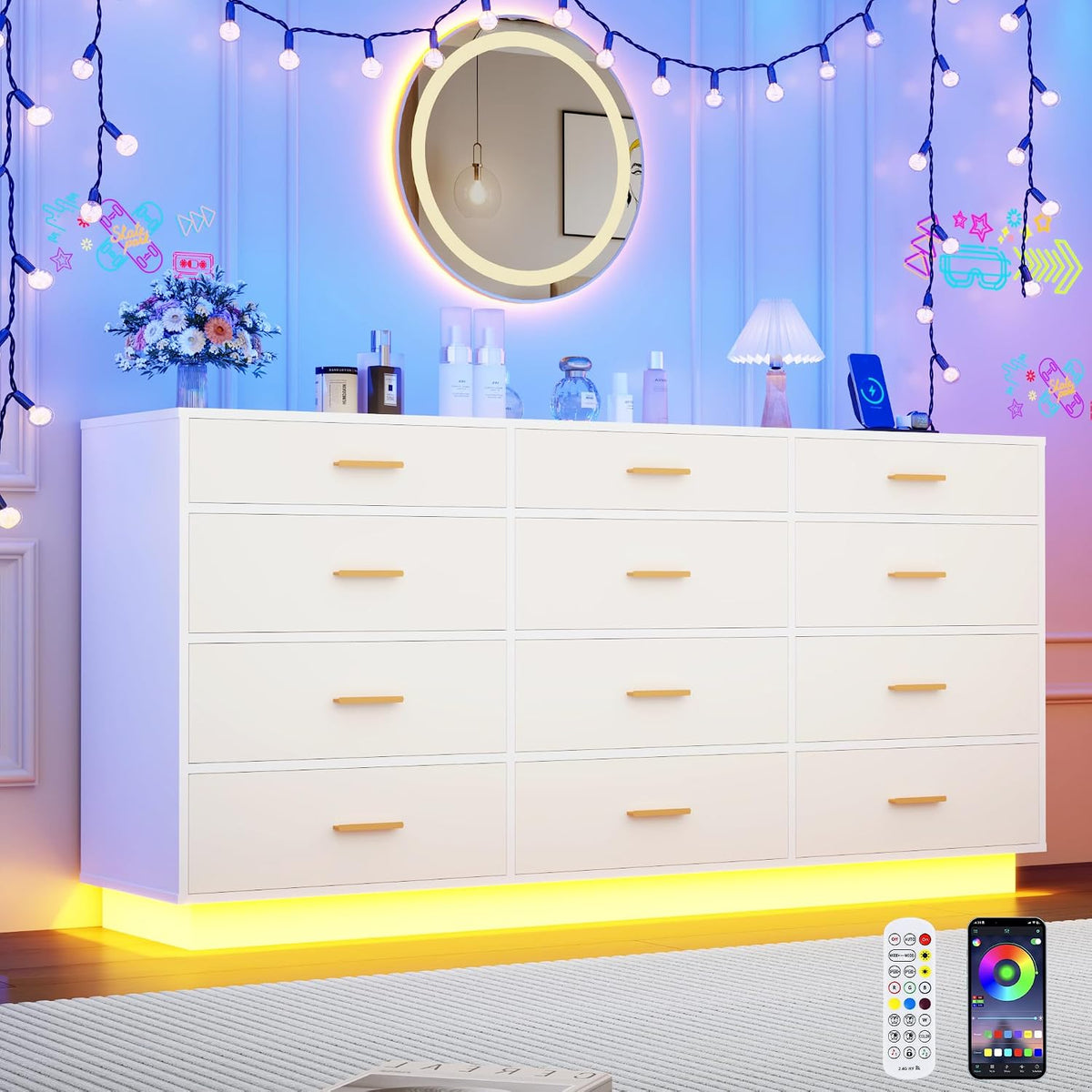 12 drawers dresser w/power outlets for bedroom, 63inch shown in use