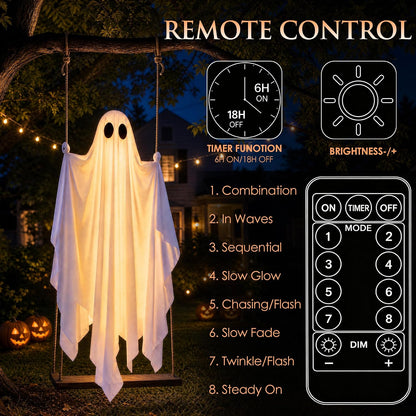 Hanging Ghost Halloween Decorations Outdoor, 7-12 FT Light Up Ghost Swing