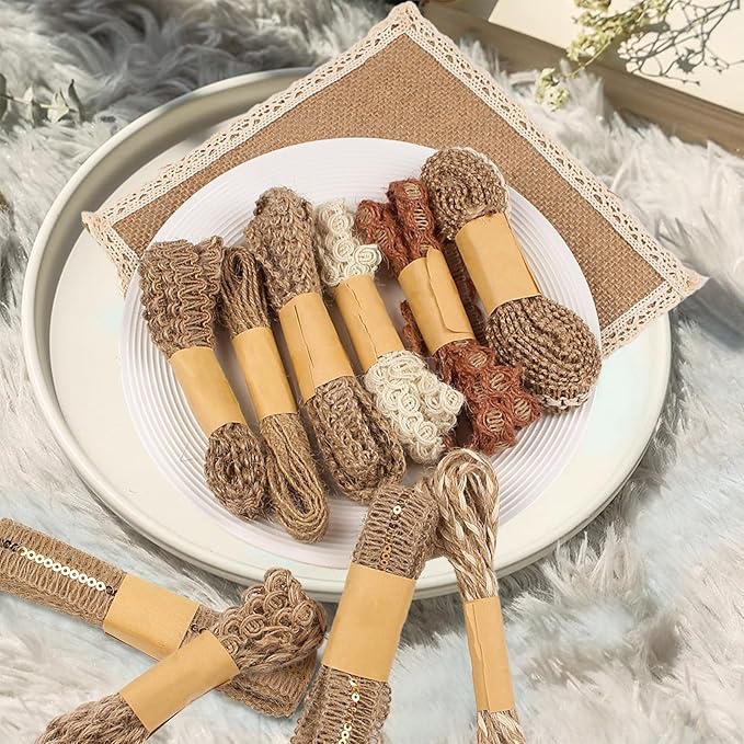 9 Rolls Natural Burlap Lace Ribbon Trim, 18 Meters Jute Craft Ribbon - Image 3