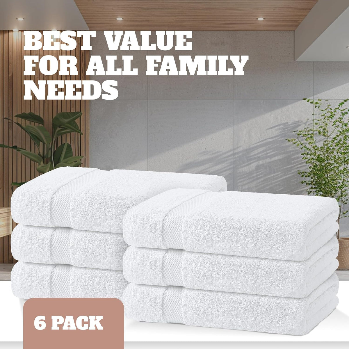 white bath towels 24x50 inch, 6 pack, side view