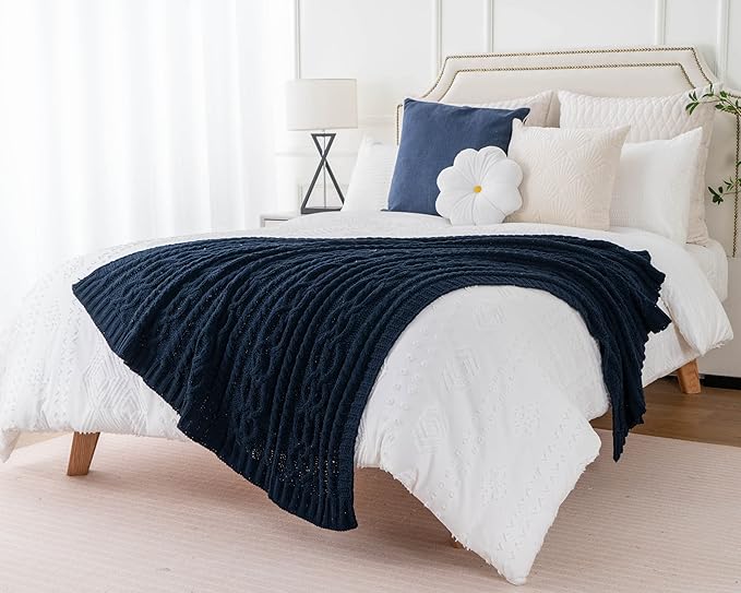 Battilo Navy BlueThrow Blanket for Couch, Chenille Knit Throw Blanket, Super - Image 4