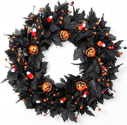 Pumpkin Halloween Wreath 24 Inch Black Maple Leave Wreaths for Front Door with Ghost Pumpkin Orange Berries for Indoor Window Wall Halloween Party