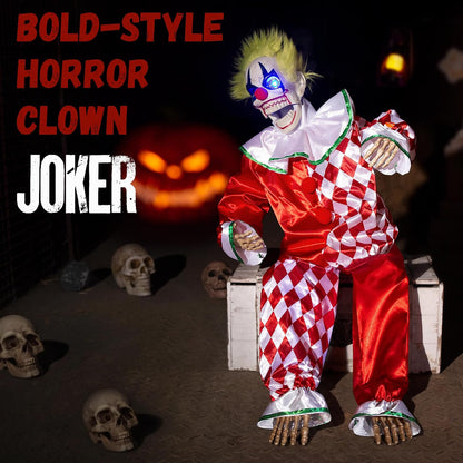 Halloween Animatronic Sitting Clown Decoration–Sound Activated Creepy Clown Prop with Shaking Body, Glowing Eyes & Scary Voice–Indoor/Outdoor Halloween Decor for Yard, Haunted House, Party (48")