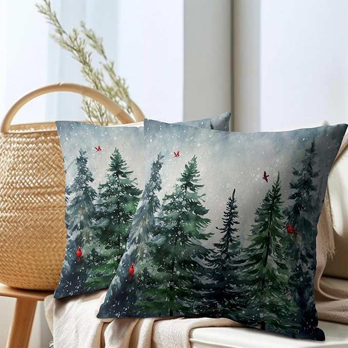 Green Tree Throw Pillow Covers Winter Snowy Forest Pillowcase 16x16 inch 2 PCS - Image 7