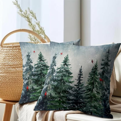 Green Tree Throw Pillow Covers Winter Snowy Forest Pillowcase 22x22 inch 2 PCS - Image 8
