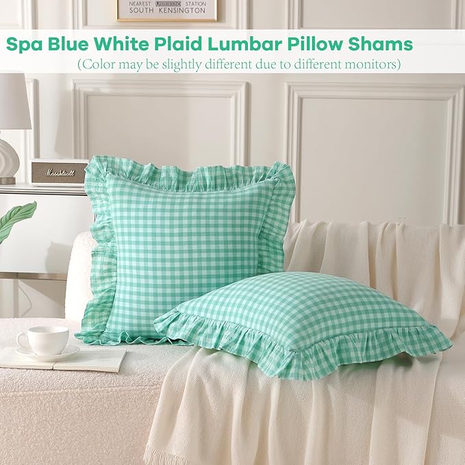 2 Pack Spa Blue White Plaid Ruffle Gingham Throw Pillow Covers, 100% Washed - Image 2