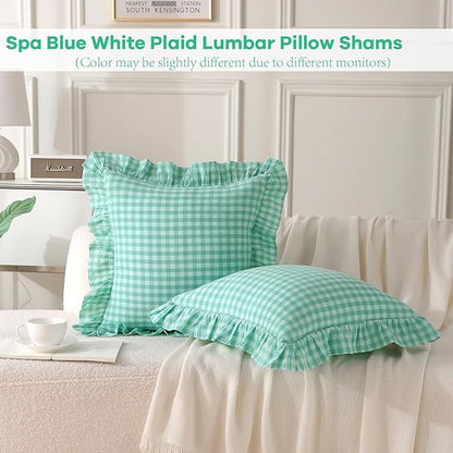 2 Pack Spa Blue White Plaid Ruffle Gingham Throw Pillow Covers, 100% Washed - Image 2