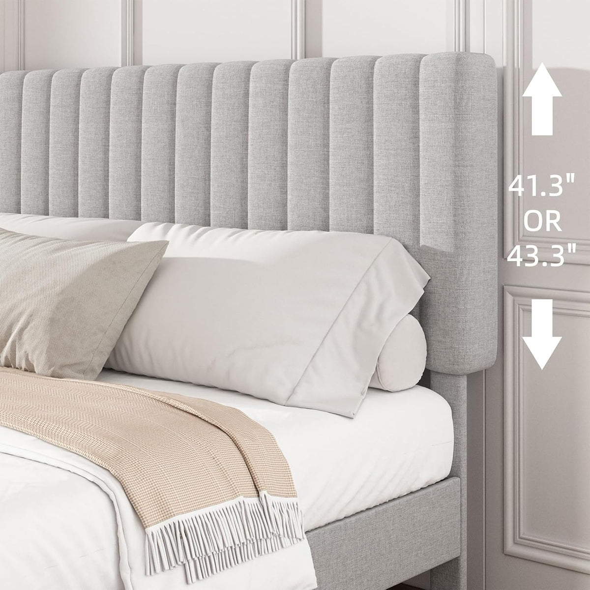 queen linen bed frame with vertical channel tufted, side view