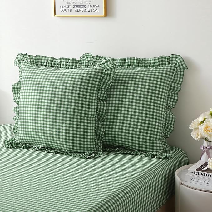 2 Pack Christmas Green White Plaid Ruffle Gingham Euro Pillow Shams, 100% - Image 7