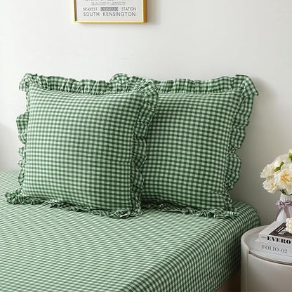 2 Pack Christmas Green White Plaid Ruffle Gingham Euro Pillow Shams, 100% - Image 7