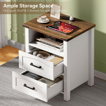 decofy farmhouse nightstand with charging station, 2 drawers, close-up detail
