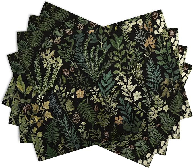 Black Sage Green Plant Placemats Set of 4 Vintage Botanic Fern Leaves Herb - Image 2