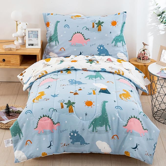 DJY 4 Pieces Cotton Toddler Bedding Set, Dinosaur Toddler Bed Comforter Set by HOME
