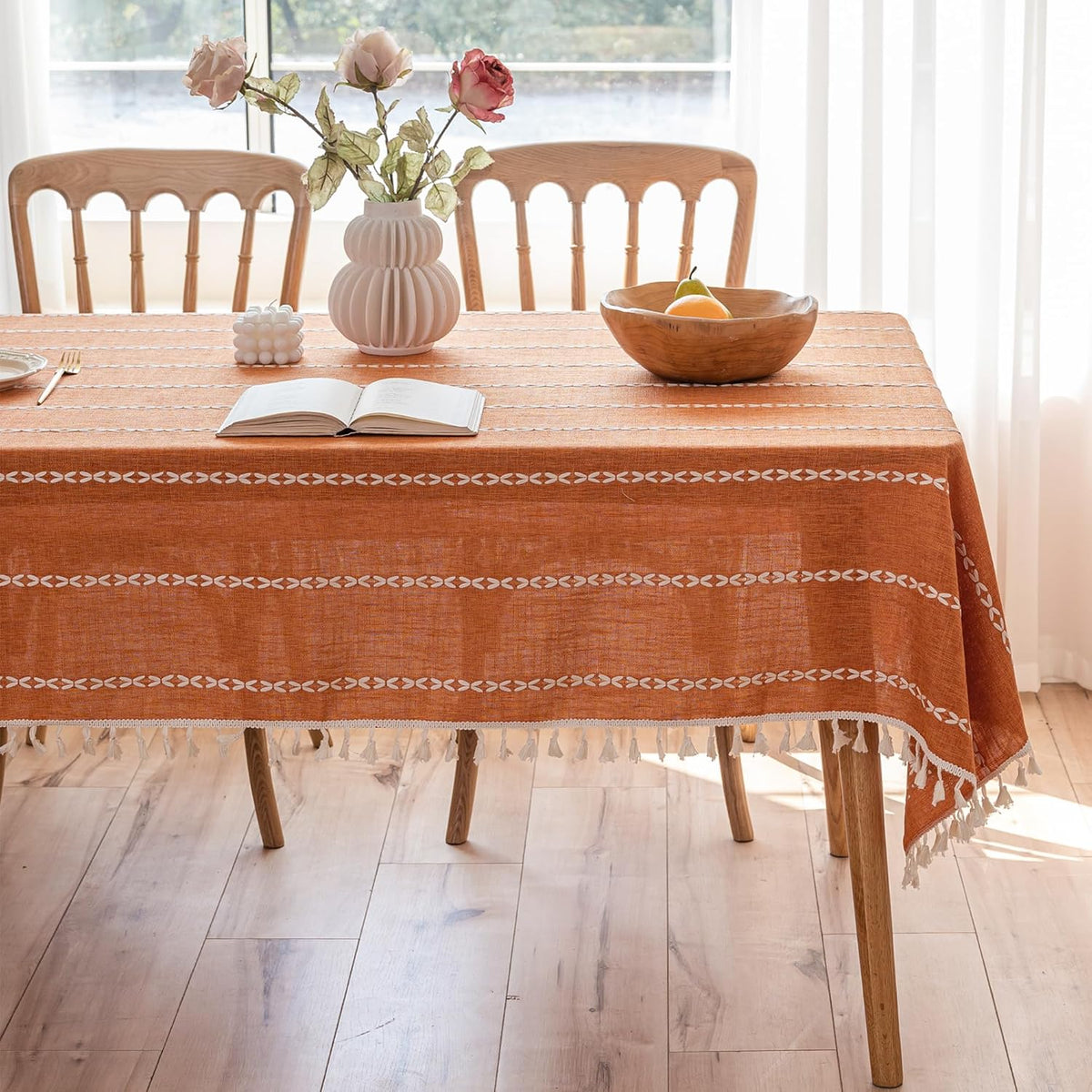 Burnt Orange Linen Rectangle Table Cloth with Tassel Farmhouse Burlap Tablecloths for Kitchen Dining Heavyweight Oblong Table Covering Cloth Autumn Fall Halloween Holiday Boho Decor, 55x102 Inch