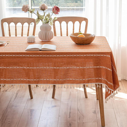 Burnt Orange Linen Rectangle Table Cloth with Tassel Farmhouse Burlap Tablecloths for Kitchen Dining Heavyweight Oblong Table Covering Cloth Autumn Fall Halloween Holiday Boho Decor, 55x102 Inch