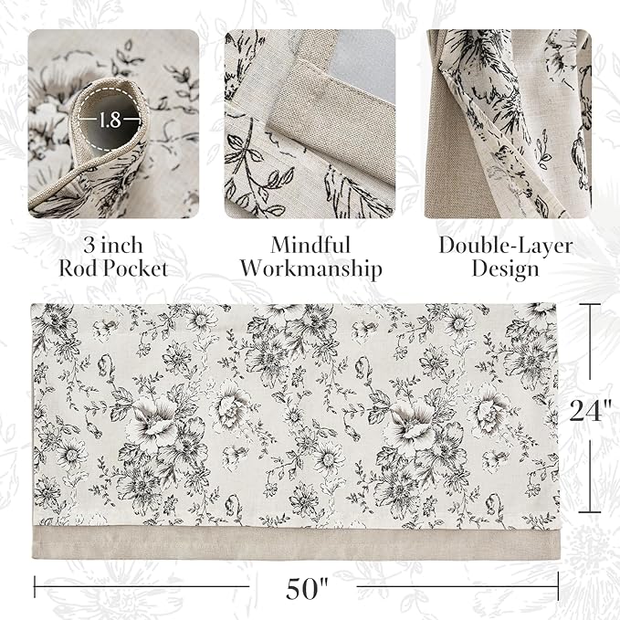 jinchan Linen Kitchen Curtain 24 Inch French Floral Double Layer Curtain - Image 8