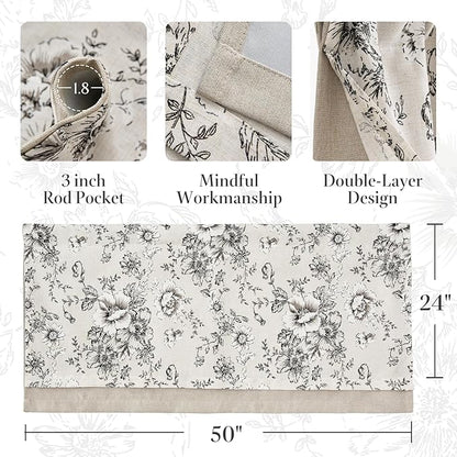 jinchan Linen Kitchen Curtain 24 Inch French Floral Double Layer Curtain - Image 8