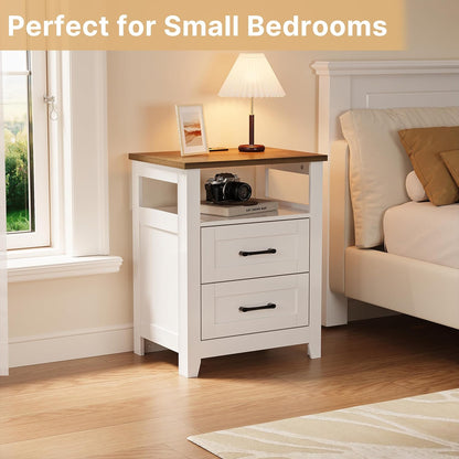decofy farmhouse 2-drawer nightstand with charging station, white, side view