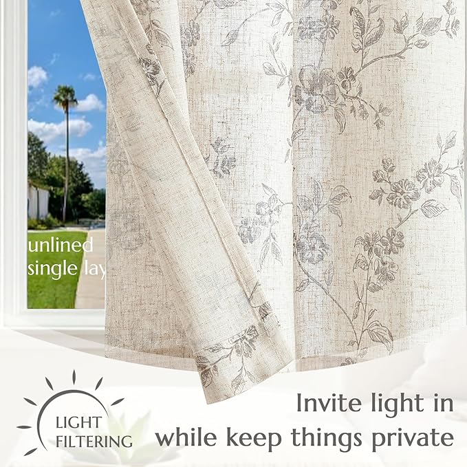 jinchan Gray Floral Kitchen Curtains 36 Inch Linen Tier Curtains Farmhouse Cafe - Image 5