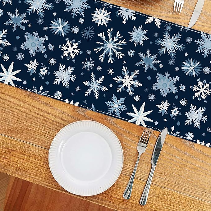 Christmas Table Runner 13x72 Inch Blue White Snowflakes Hello Winter Kitchen - Image 2