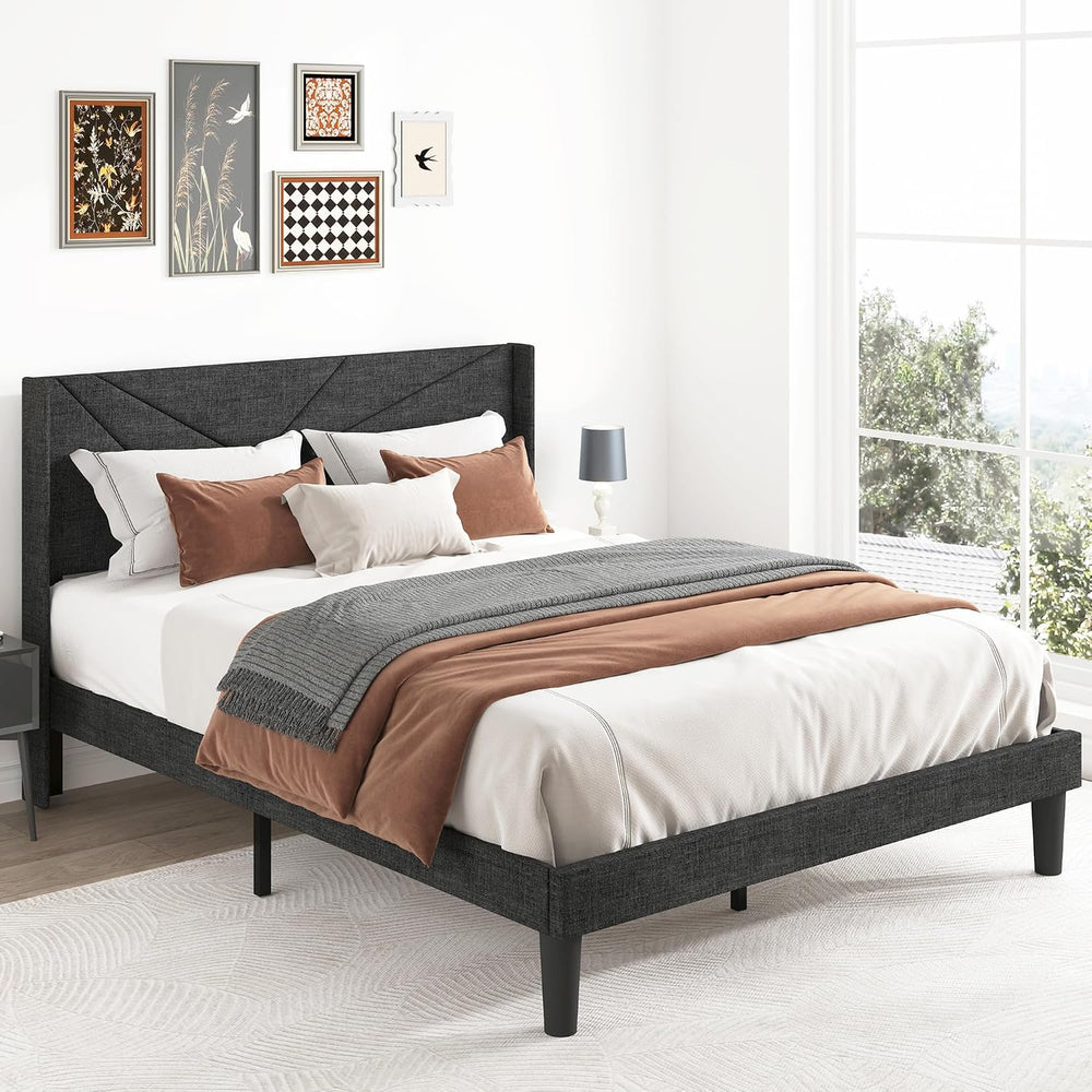 Queen Size Bed Frame with Upholstered Wingback Headboard, Easy Assemnly Platf...