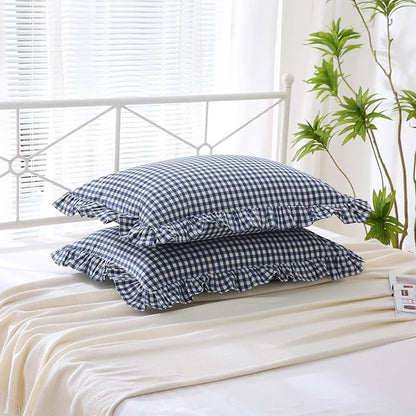 2 Pack Navy Blue White Plaid Ruffle Gingham Pillow Shams Standard Size - Image 3