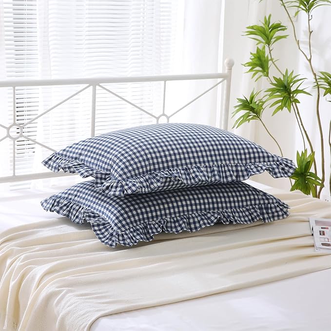 2 Pack Navy Blue and White Plaid Ruffle Gingham King Size Pillow Shams - Image 3