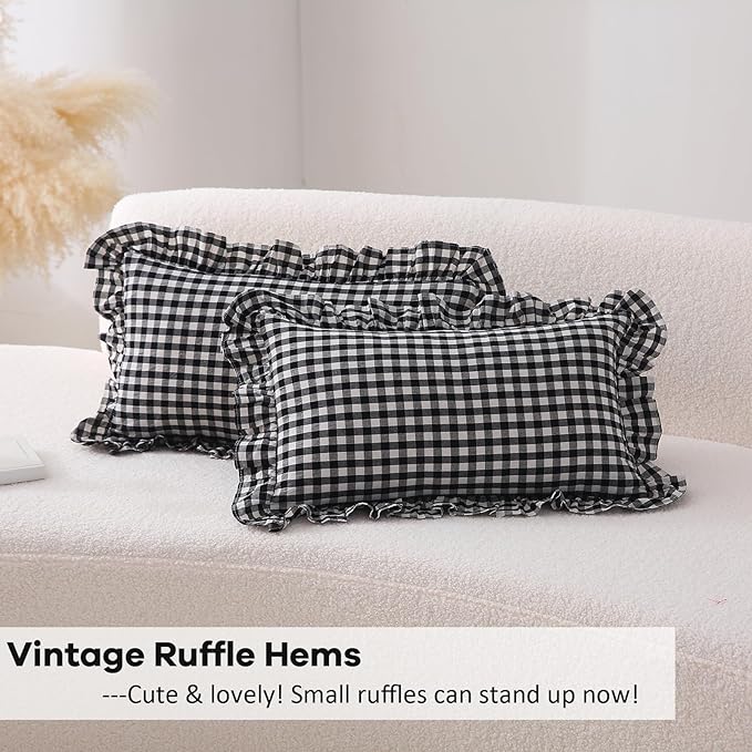 2 Pack Black White Plaid Ruffle Gingham Lumbar Pillow Shams, 100% Washed Cotton - Image 4