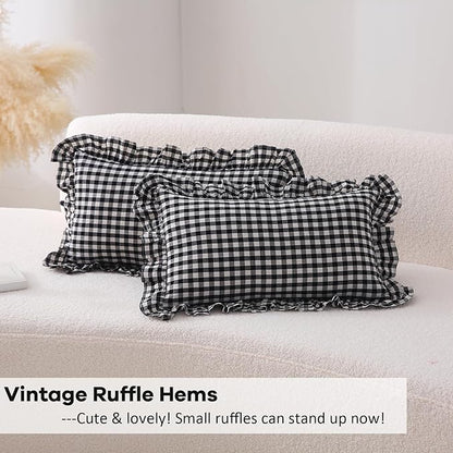 2 Pack Black White Plaid Ruffle Gingham Lumbar Pillow Shams, 100% Washed Cotton - Image 4
