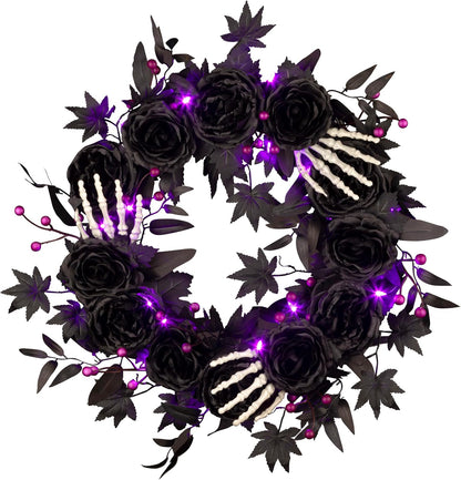 National Tree Company, 24inch Artificial Bad to The Bone Halloween Wreath, 30 Purple LED Lights,