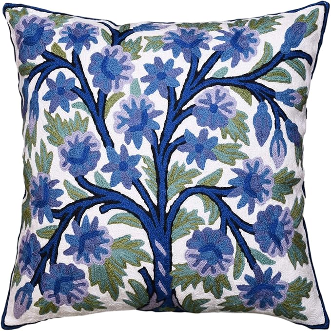 Blue Tree of Life Pillow Cover Indigo Plant Floral Pillowcase Needlepoint by Kashmir+Designs