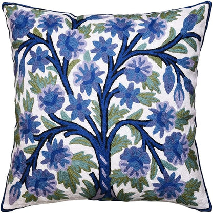 Blue Tree of Life Pillow Cover Indigo Plant Floral Pillowcase Needlepoint by Kashmir+Designs
