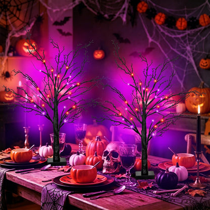2 Pack 24 Inch Spooky Black Halloween Tree Decorations for Indoor Home Table, Halloween Lighted Tabletop Centerpiece with 24 Orange & Purple LEDs, Timer, USB or Battery Powered