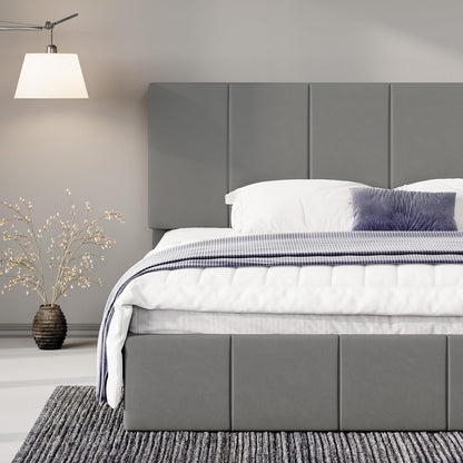 allewie king size dutch velvet upholstered platform bed, front angle view