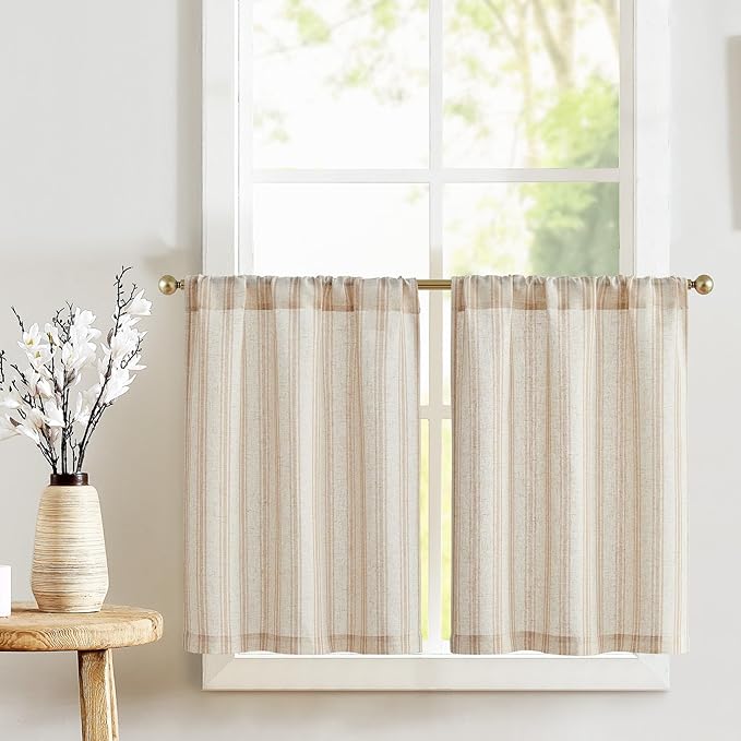 jinchan Striped Linen Kitchen Tier Curtain Farmhouse Cafe 30 Inch Small Window by JINCHAN