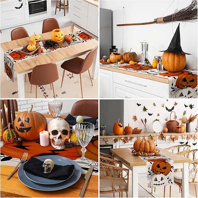 Happy Halloween Table Runner Pumpkin White Spider Web Fall Kitchen Dining Table - Image 5