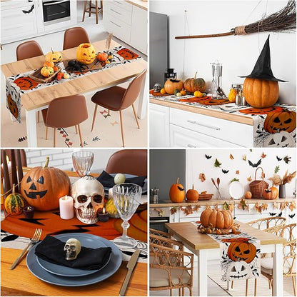 Happy Halloween Table Runner Pumpkin White Spider Web Fall Kitchen Dining Table - Image 5