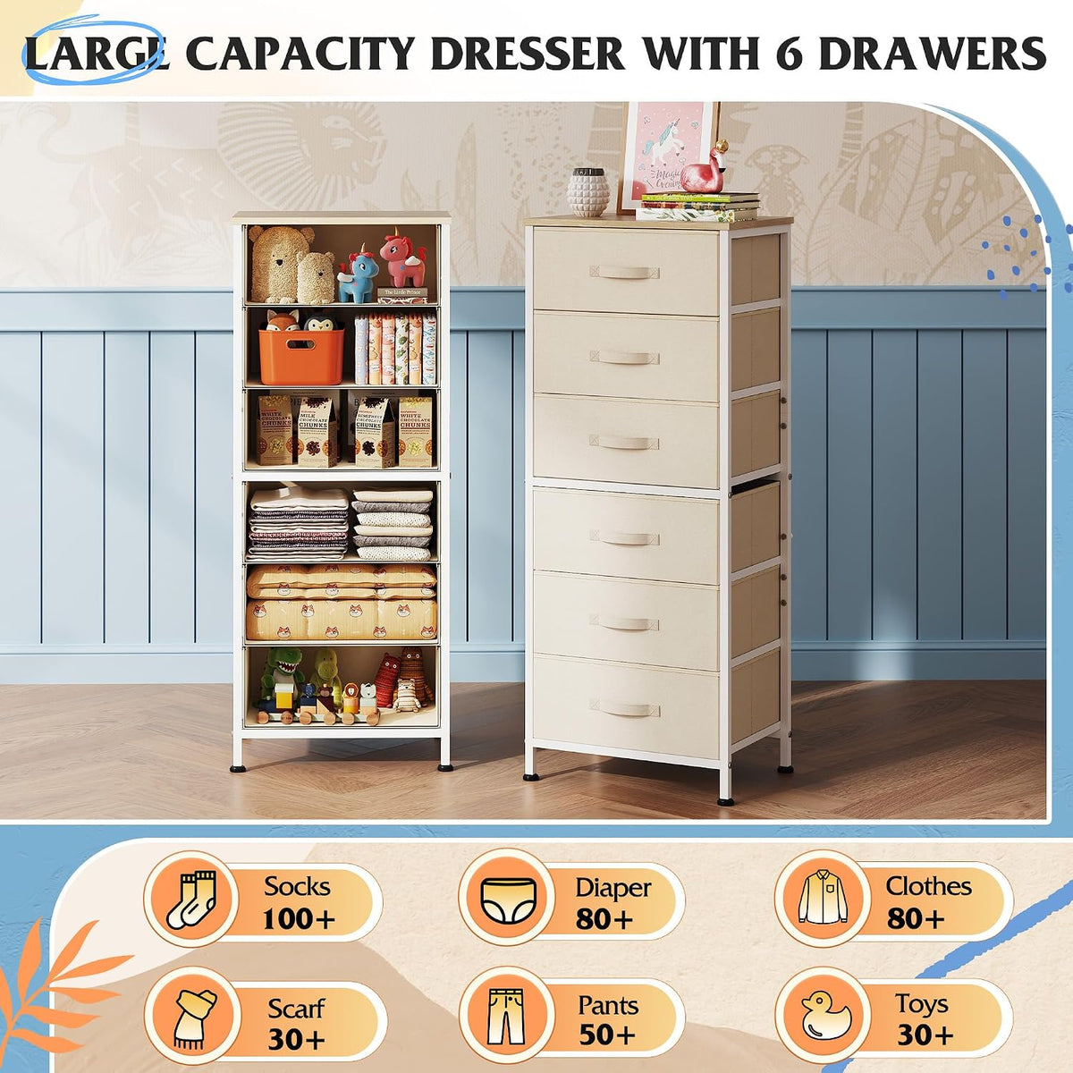 wlive fabric dresser for bedroom, 6 drawer dressers showing dimensions