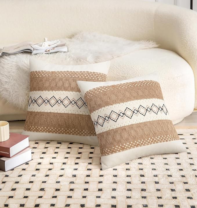 Pyonic Pack of 2 Boho Throw Pillow Covers 18x18 Inch Farmhouse Decorative Throw - Image 2