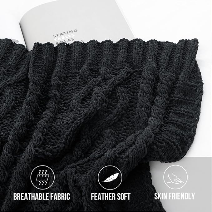 Battilo Black Throw Blanket for Couch, Cable Knit Blanket for Bed, Home Decor - Image 8