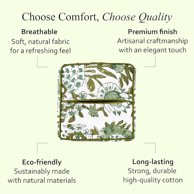 CPC Agate Green Hand Block Printed Cotton Tissue Box Cover 5" x 5" x 5.5" - Image 7