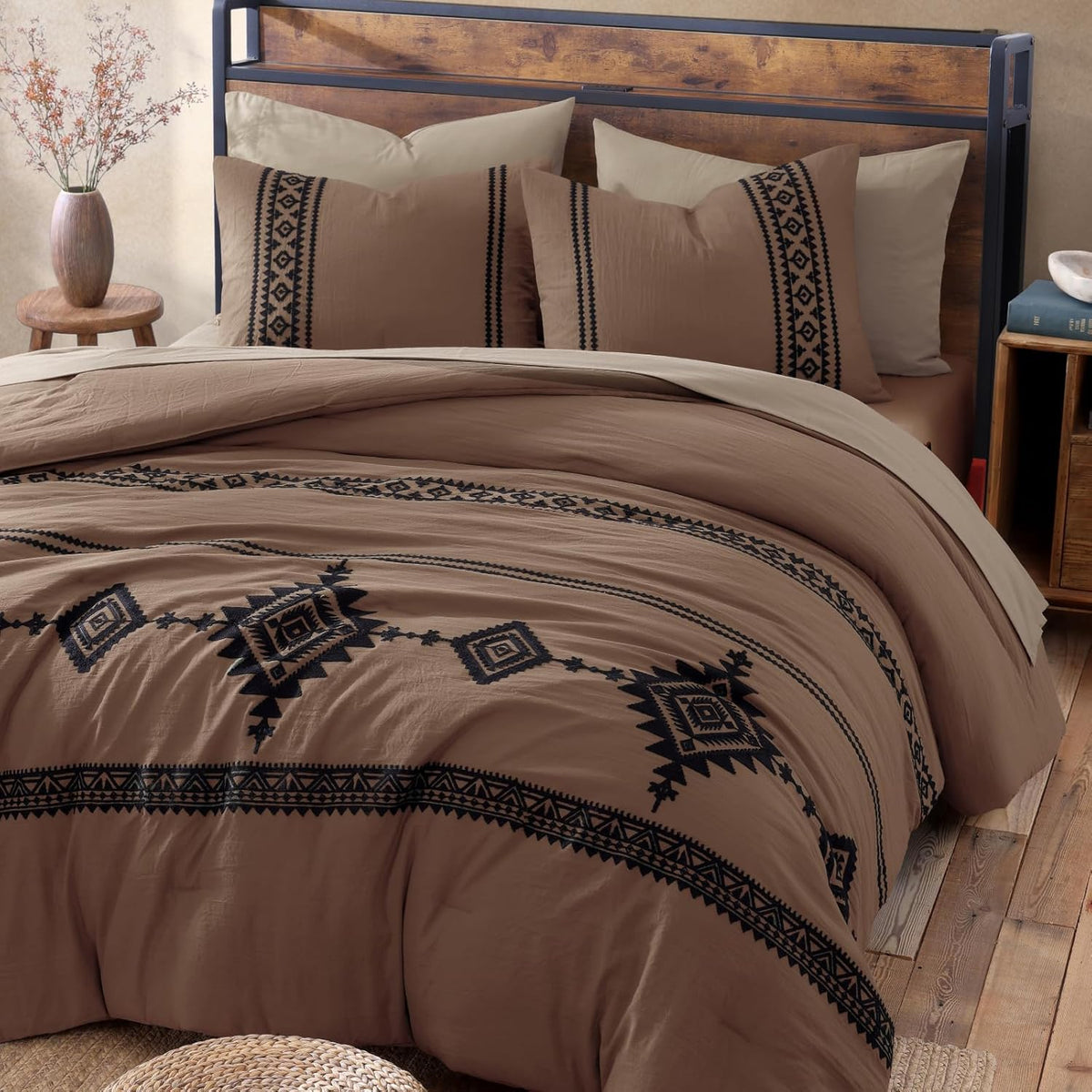 mairêve embroidery queen comforter set 7 pieces brown, close-up detail
