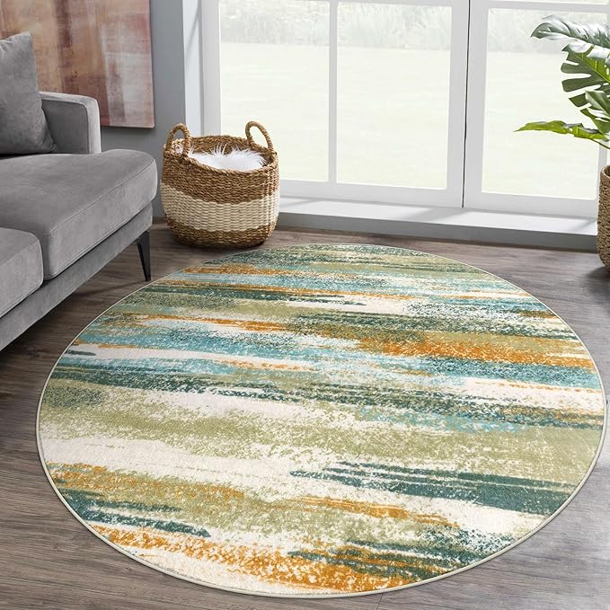 Modern Abstract Round Rug 5Ft, Soft Circular Dining Room Rug Thin Print Faux - Image 2