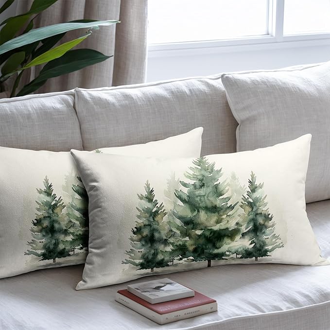 Watercolor Green Tree Throw Pillow Covers 20x12 Inch Set of 2 Green Christmas - Image 7