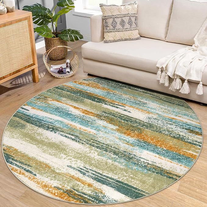 Modern Abstract Round Rug 6Ft, Soft Circular Dining Room Rug Thin Print Faux by lansny